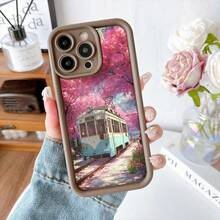 Cubierta de teléfono con diseño de tranvía y flores de cerezo en tonos rosados y azules para iPhone 14 Pro Max protector resistente ideal para uso diario y viajes - Negro - Ver 5