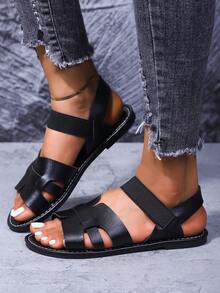 Sandalias planas cómodas y versátiles de mujer para el verano - Negro - Ver 3