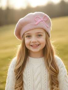 1pc Girls' Embroidered Bow Knit Beret Hat, New Autumn/Winter Knitted Hat, Decorative Hat, Painter Cap, Warm For Autumn/Winter, Versatile For All Seasons - 1PC - View 3