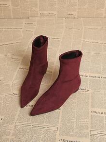 بوت نسائية برقبة قصيرة ذات كعب منخفض من الجلد الأحمر البوردو، بتصميم رأس مدبب وسحاب خلفي، مناسبة للأعمال والحفلات والزفاف والنوادي الليلية - عنابي اللون - مشاهدة 4