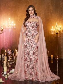 UNITHORSE [Random Print] Plus Women's Stand Collar Floating Piece Sleeve Off Shoulder Back Straps Design Slim-Fitting Evening Dress - Pink - View 3