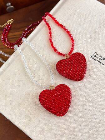 1pc Red Crystal Fully Rhinestone Heart Necklace, Delicate Unique Design Dainty Choker Necklace For Women, Gift For Friends