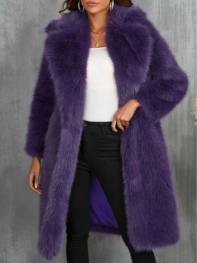 Fashionable Purple Faux Fur Coat, Lapel Collar, Loose Fit, Long Outerwear, Solid Color Soft Fleece For Autumn/Winter