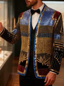 Men's Sequin Blazer, Floral Tuxedo Jacket, Lapel Suit For Party Wedding Banquet Prom - Black - View 4