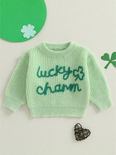 Toddler Baby Irish Festival Sweater Shamrock Letter Embroidery Long Sleeve Crew Neck Knitwear Pullover
