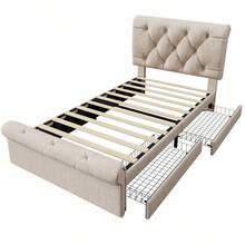 (=111297AAN) Upholstered Single Bed 90x200cm, Bed Frame With 2 Drawers And Height Adjustable Headboard, Chesterfield Functional Bed, Natural, With Mattress - Natural + Metal & Wood + 90cm*200cm - View 3