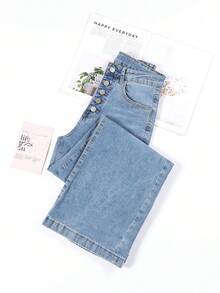 HIMARRI Elegantes vaqueros de pierna ancha para mujer, diseño largo y elástico con cintura escalonada y detalles de botones. - Azul - Ver 4