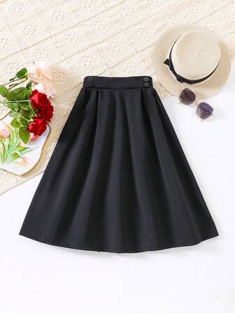 Spring/Summer Ladylike Girls' Black Pleated High-Waist Skirt, Simple Design With Elegant Touch, Versatile