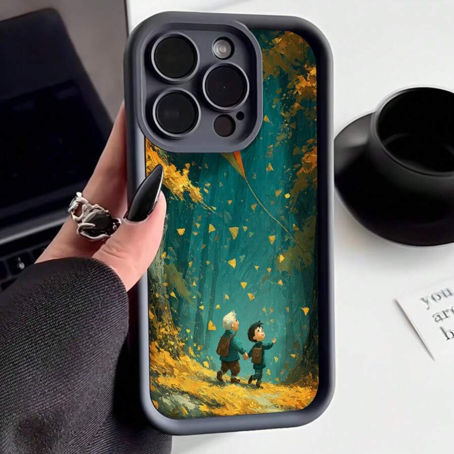 Cubierta de telefono con borde negro diseño de bosque mágico con niños caminando hojas amarillas y estrellas doradas para uso diario y estilo artístico - Negro - Ver 1