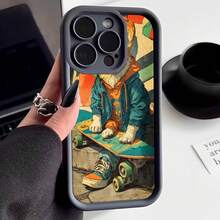 Cubierta de teléfono con borde negro diseño de conejo con patineta estampado colorido para uso diario y viajes - Blanco - Ver 1