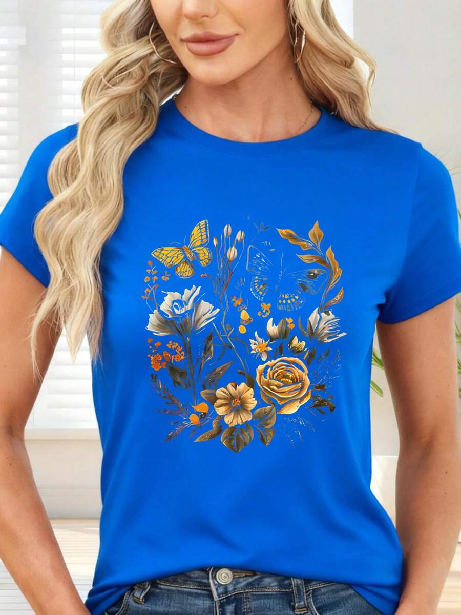 T-Shirt With Butterfly And Flower Print For Autumn And Spring - Blue - View 1