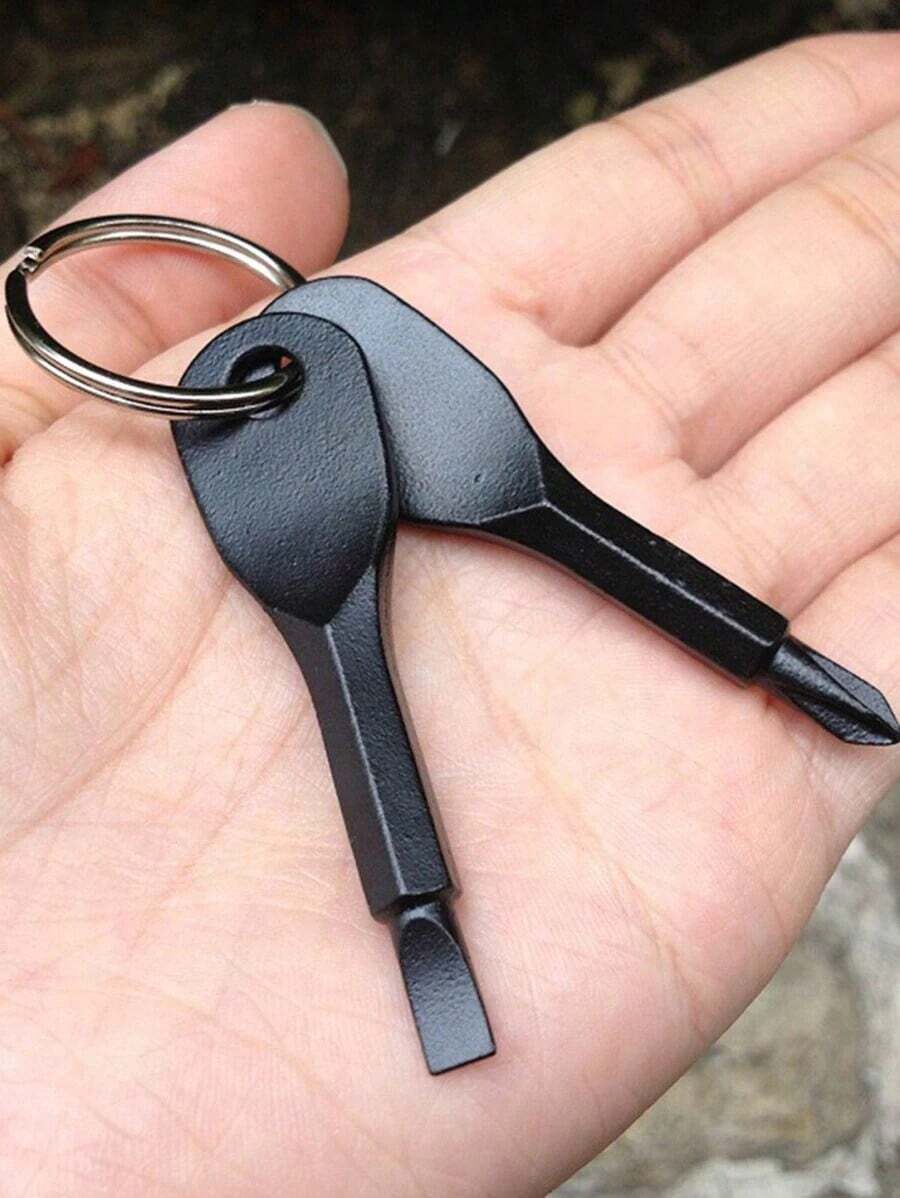 2pcs Portable Screwdriver And Flathead Screwdriver Keychain Set - Camping Accessories, Multifunctional Mini Pocket Repair Tools, Small Gadgets, Car Accessories, Bag Charms, School Gothic Y2K Christmas Gift, ID Badge Holder Lanyard - 黑色 - 查看 1