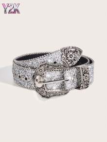 Cinto de Strass Y2K para Mulheres, Estilo Retrô Americano, Combinado com um Cinto Único (Prata ou Preto)