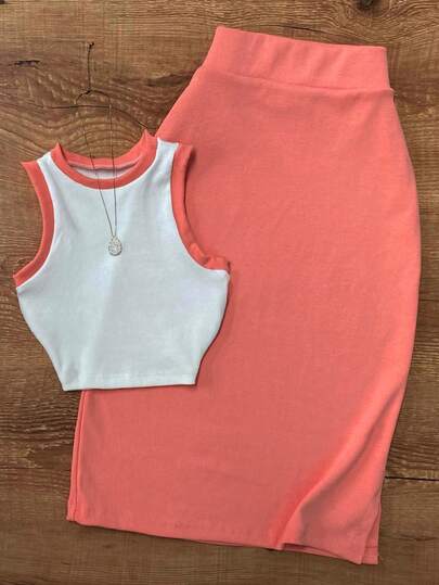 Set de 2 piezas de camiseta y falda midi de mujer con estilo vintage elegante y ribete de contraste de unicolor