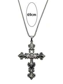 1pc European And American Cross Pendant Necklace, Retro Style Jewelry, Non-Fading Men's Fashionable Summer Necklace For Both Genders, Hip-Hop Designed Sweater Chain Pendant, Apparel Accessory For Gifts Or Wholesale, Suitable For Daily Wear For Men - 彩色 - 查看 6