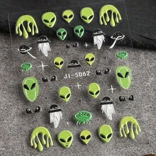 1pc 5D UFO, Alien, And Astronaut Space-Themed Nail Stickers - Self-Adhesive Green And Black Design, Perfect For Halloween Party Nail Decorations, Including Planets, Stars, And Cartoon Elements, Space Party Decorations. - JI-5D62 - Xem 11