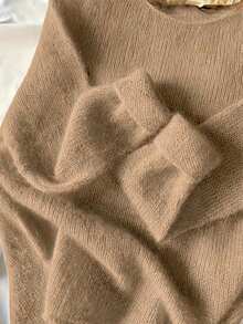 纯色休闲套头毛衣，长袖 - 卡其色 - 查看 2
