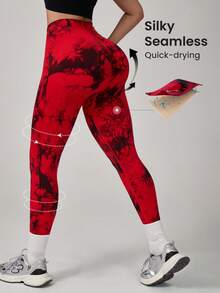 High Waisted Seamless Slim Tie-Dye Leggings For Women -Resilient Soft Touch Quick-Drying Breathable 4-Way Stretch Butt Lifting Legging, For Hiking Running Cycling Yoga Pickleball Exercise Casual - 紅色 - 查看 2
