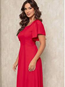 Women's Midi Dress With Short Sleeves, Princess Style, Elegant - 紅色的 - 查看 2