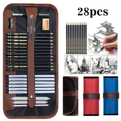 28件套专业艺术家素描绘画工具套装，包含优质石墨铅笔、炭笔、卷笔刀、橡皮擦，适用于艺术创作和作品集制作。