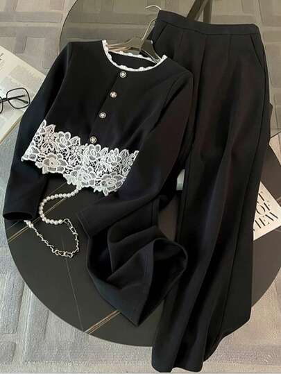 2 件套撞色休闲不对称/不对称纽扣口袋家居/办公服装