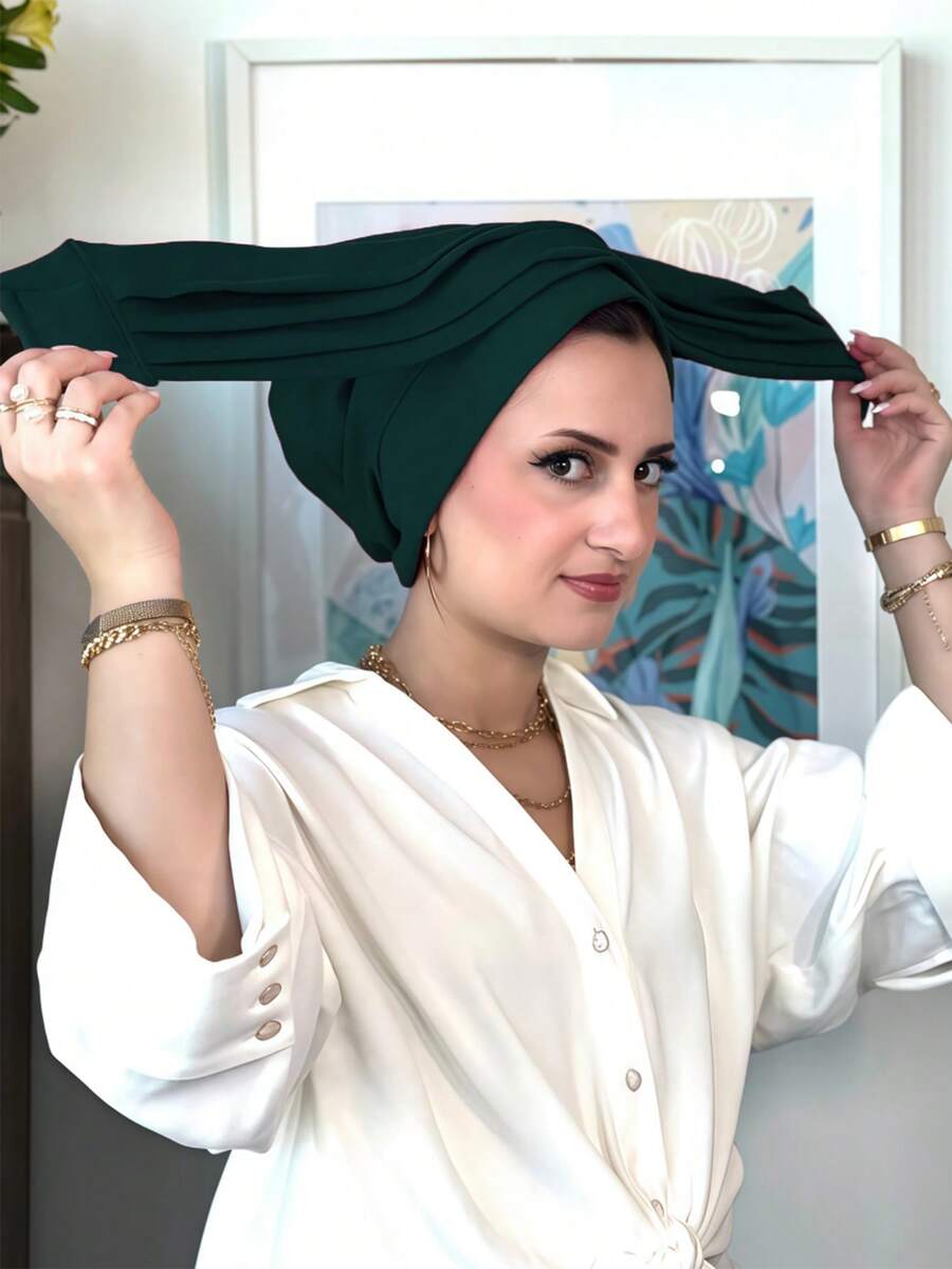 1件装女士经典二合一速戴头巾/头带，高弹褶皱设计，可调节魔术贴，吸湿排汗针织面料，适合穆斯林日常生活和聚会场合。