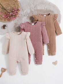 3pcs Baby Girl Purple Ribbed Long Sleeve Jumpsuit & Gray/Green Cap Sleeve Jumpsuit Set, Cute Autumn/Winter