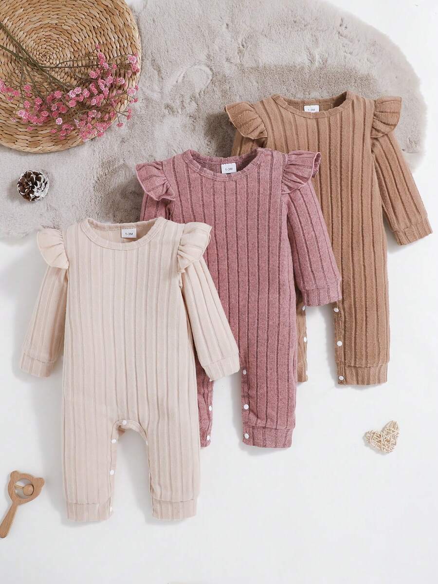 3pcs Baby Girl Purple Ribbed Long Sleeve Jumpsuit & Gray/Green Cap Sleeve Jumpsuit Set, Cute Autumn/Winter
