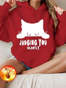 1 szt. Dziewczęca bluza z kapturem i uroczym nadrukiem kota, luźny krój, podszewka termiczna, odzież młodzieżowa na jesień/zimę