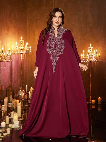 UNITHORSE UNITHORSE Plus Women's Stand Collar Long Sleeve Satin Applique Maxi Evening Dress