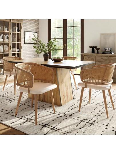 Dining Chairs, Chairs Rattan Backrest, PU Leather Seat Cushion, Com Tafel Breathable, Moderne Restaurants, Living Rooms Cafes view 2