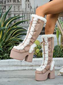 Lace-Up Fur Lined Chunky Heel Tall Boots, Gothic Style Thick Sole Winter Boots