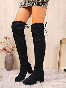 2025 New Fashion Women's Lace-Up Over-The-Knee Boots, Sexy Western Style Thigh-High Warm Boots, Lace-Up Slim Fit Black Party Boots - Black - View 5