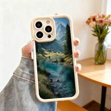 Cubierta de teléfono con borde negro y diseño de paisaje montañoso con lago cristalino para iPhone 14 Pro Max estilo natural escénico ideal para uso diario y viajes - Burdeos - Ver 4