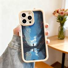Cubierta de teléfono con borde protector color gris oscuro diseño de paisaje místico con persona solitaria en camino reflejado en agua cielo azul nubes y árboles otoñales ideal para uso diario y protección contra golpes - Café integral - Ver 4