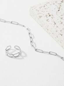 Aomogo 2pcs Retro Simple Stainless Steel Chunky Chain Bracelet And Necklace Set, Unisex, Suitable For Any Occasion - Necklace + Bracelet - View 10