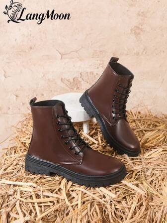 LangMoon 2026 新款高品质真皮系带纯色时尚靴！厚底舒适休闲百搭粗跟女靴，优雅简约可爱性感校园通勤风，女士学院风优雅性感厚底靴休闲鞋，适合日常穿着、大学派对、聚会、夜店等场合。