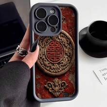 Cubierta de telefono con borde negro diseño antiguo chino rojo y dorado con patrón tradicional para uso diario y estilo elegante - Negro - Ver 2