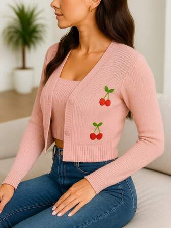 Elegante cárdigan corto negro para mujer, de punto acanalado, con cuello en V, manga larga y botones al frente.