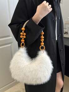 新款女士INS风小方包斜挎包，时尚链条毛绒包，秋冬韩版小方包 - 白色 - 查看 4