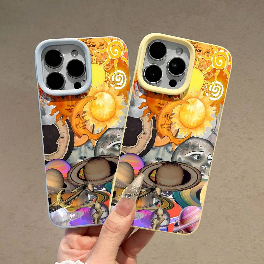 Funda para teléfono con diseño de sol y luna <<Sueños Celestiales», compatible con teléfonos , 17, 16 Pro Max, 15 Pro Max, 13 y 12. Fabricada en TPU para una protección eficaz contra golpes y caídas. Un regalo ideal para aficionados a la astronomía, amantes del arte, familiares, amigos y celebraciones con temática celestial. - Amarillo - Ver 1