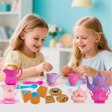 Juego de té para niñas pequeñas de 21 piezas, juego de té para niños, que incluye tetera, galletas y comida simulada, accesorio de juguete para fiestas de té para niños pequeños, color aleatorio, gran regalo para niños y niñas - Morado - Ver 10