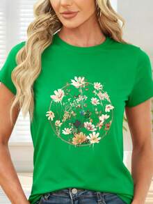 T-Shirt With Circular Floral Print For Spring And Summer - Green - View 6