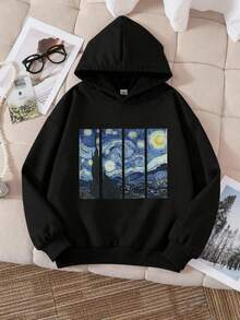 这款少女休闲卫衣印有梵高《星夜》图案和字母，适合春秋季穿着，是购物、上学、旅行和聚会的理想之选。 - 黑色 - 查看 3