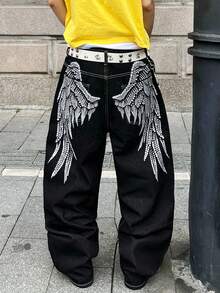 1条Infinite Jeans复古印花宽松休闲阔腿牛仔裤，舒适百搭，不含腰带或配饰 - 黑色 - 查看 7