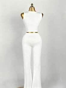 FQLWL 女士夏季街头风两件套，露肩背心和褶皱长裤套装 白色 - 白色 - 查看 4