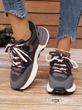 1 Pair Casual Sneakers, Retro Brown & Gray Color Block Platform Shoes For Women, Thick Sole Elevates, Patchwork Design & Eye-Catching, Comfortable For Daily Wear & Sports