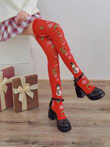 1 Pair Of Ladies' Red Christmas Knee High Stockings, Autumn And Winter Thick Snowflake Stockings, Half Cut Socks, Spotted Printed Thigh Socks, Holiday Party Funny Y2k Breathable Lace Splicing Anti Slip Cute Tight Socks - Red - View 9