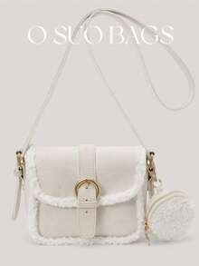 2件套复古米色迷你单肩包和毛绒钱包套装，新款毛绒零钱包斜挎包，女士款 - 白色 - 查看 5