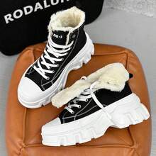 SLNU3 Brand Men's Fashion High-Top Thick-Sole Shoes, Comfortable Non-Slip Rubber Sole With Laces Flat Shoes, Thermal Lined Thick Winter Warm Boots, Suitable For Men's Outdoor Activities, Black Boots Couple Style,Fur Boots - Black and White - View 8